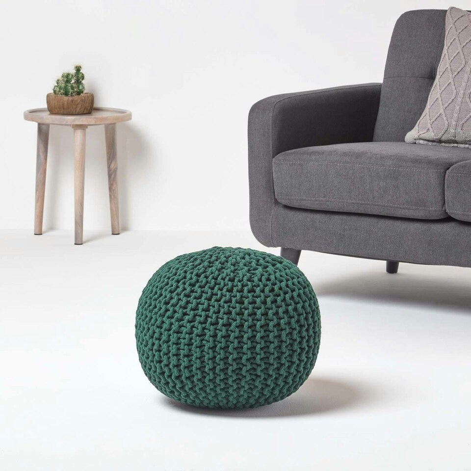 image 1 of Homescapes Forest Green Round Cotton Knitted Pouffe Footstool - 35 x 40 cm | Green | H 35cm x W 40cm