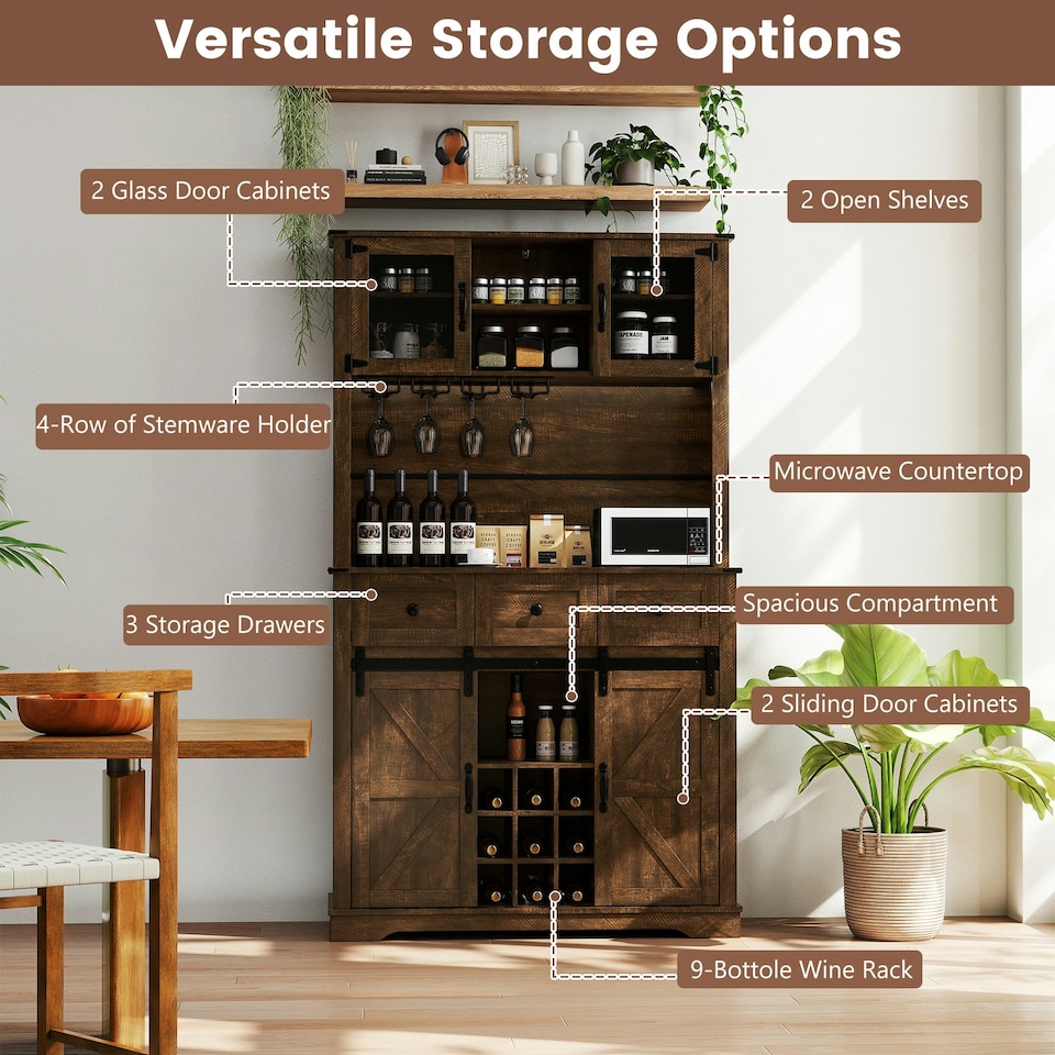 image 1 of COSTWAY 184cm Tall Kitchen Cupboard Buffet Storage Cabinet Brown