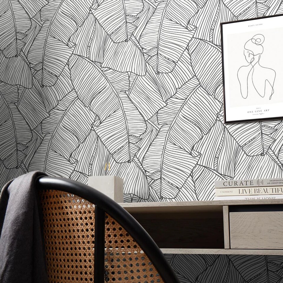 image 1 of Banana Leaf Wallpaper in Mono | White | Black, Light, White | 50cm x 10m
