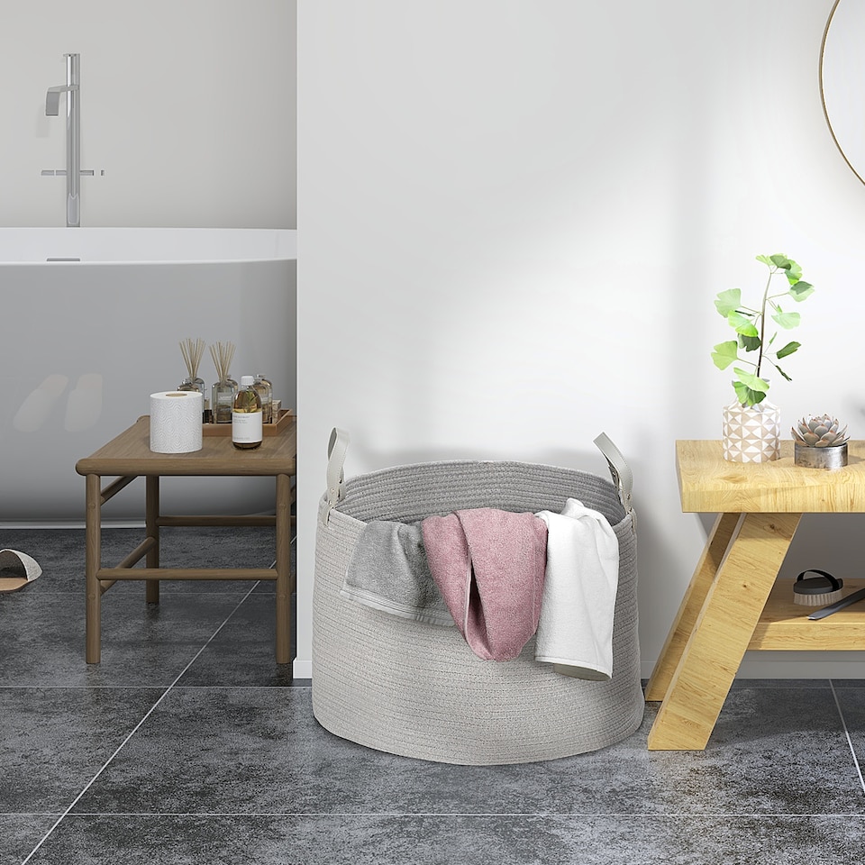 image 1 of HOMCOM 88L Laundry Hamper, Cotton Rope Laundry Basket with Handles, Collapsible Washing Bin, 56 x 35.5cm, Grey