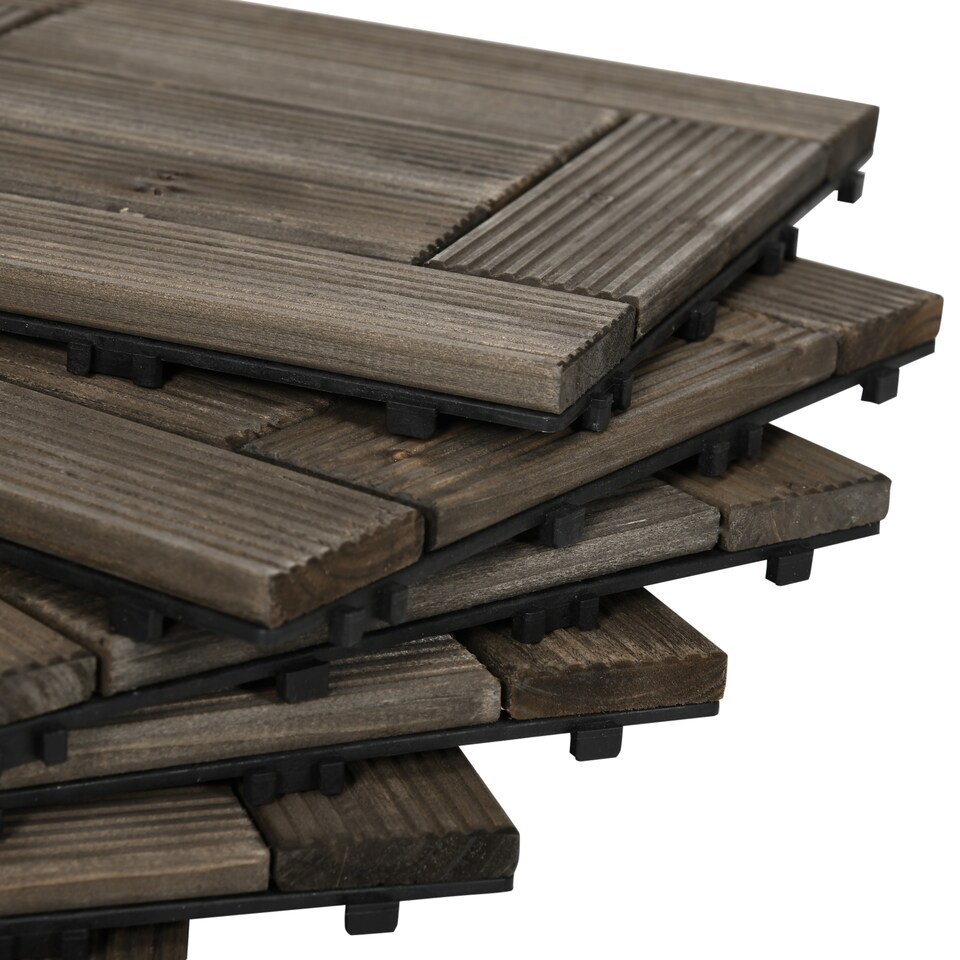 image 1 of Outsunny 27 Pcs Wooden Interlocking Decking Tiles, 30 x 30 cm per piece, Grey