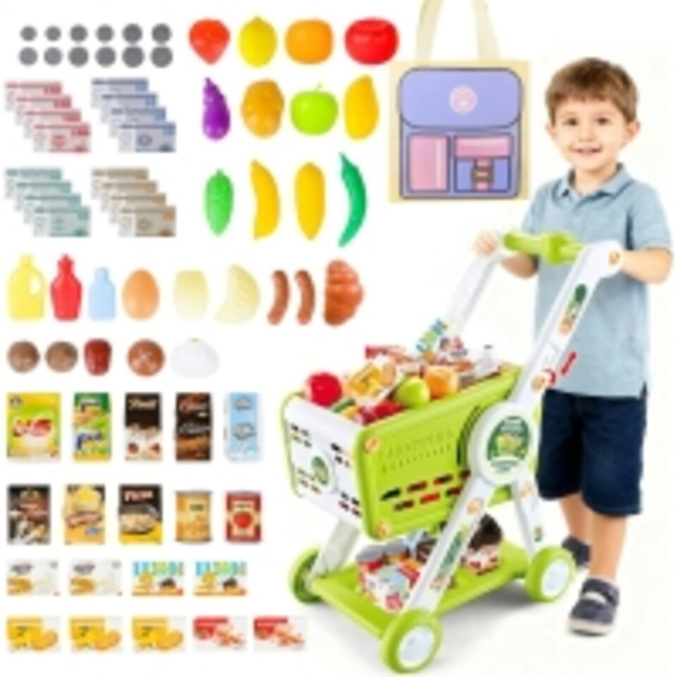 image 1 of Kids Adjustable Height Shopping Cart Trolley Play Set with Pretend Food & Play Money – Green