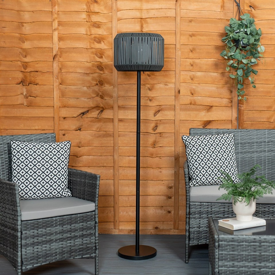 image 1 of ValueLights Solar Powered Outdoor Grey Rattan Garden Floor Lamp with Drum Shade | Grey