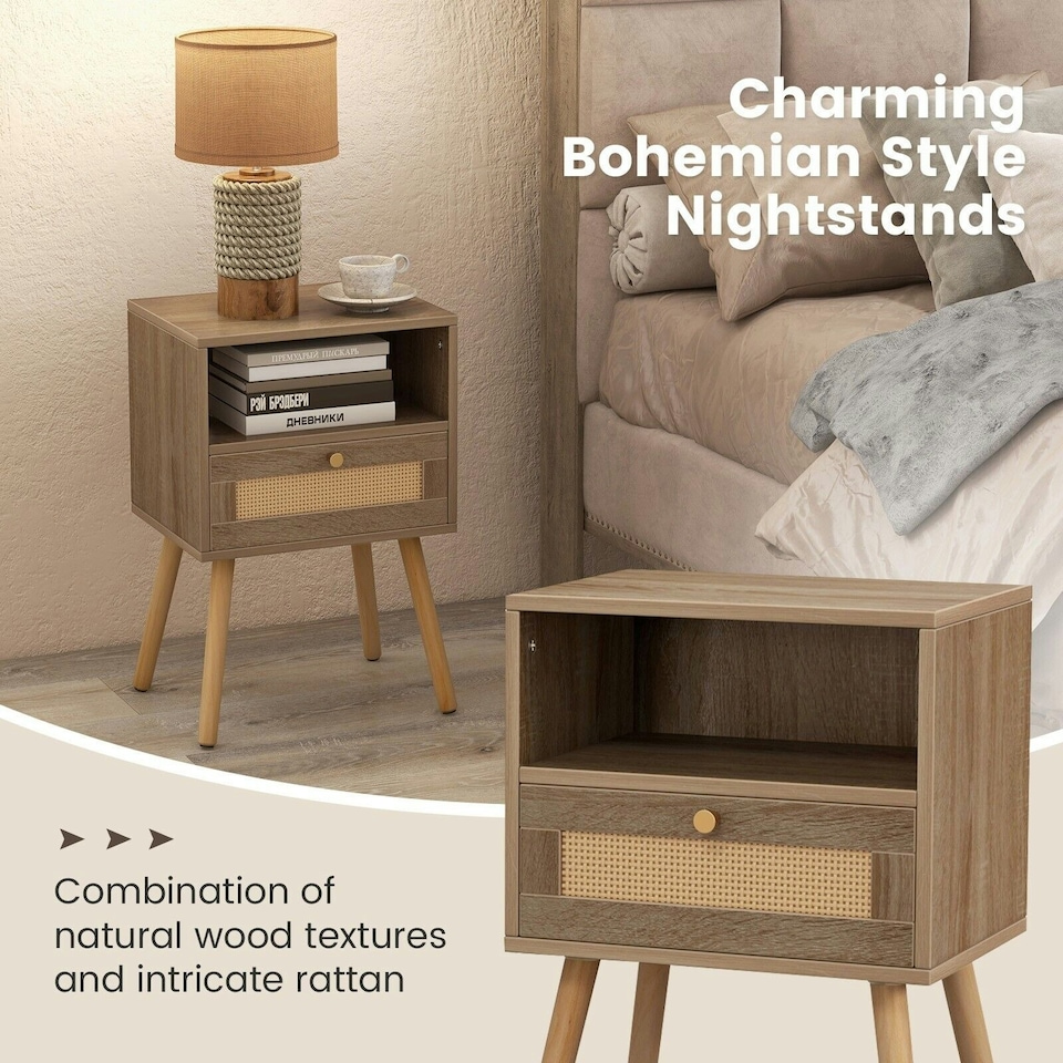 image 1 of COSTWAY 2 Pcs Rattan Nightstand Compact Bedside Table Brown