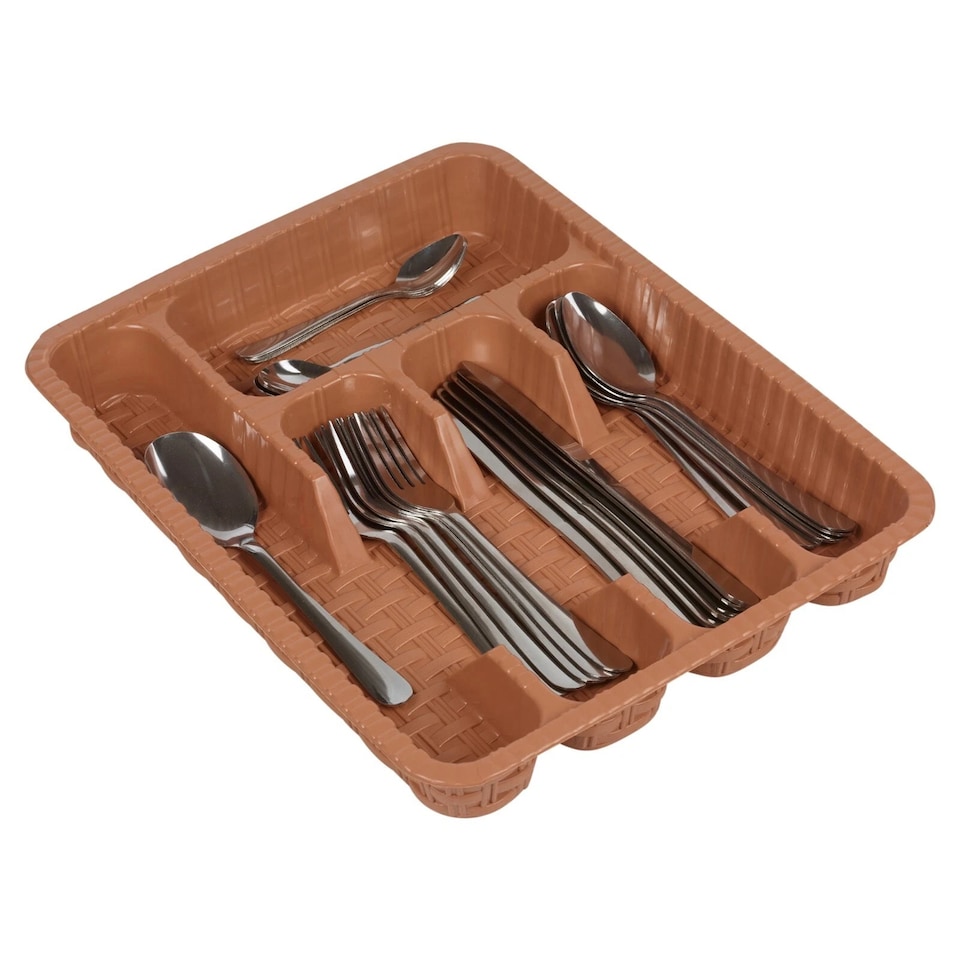 image 1 of Plastic Woven Rattan Cutlery Utensils Holder Flatware Drawer 5 Section Organiser | Multi | Cappuccino