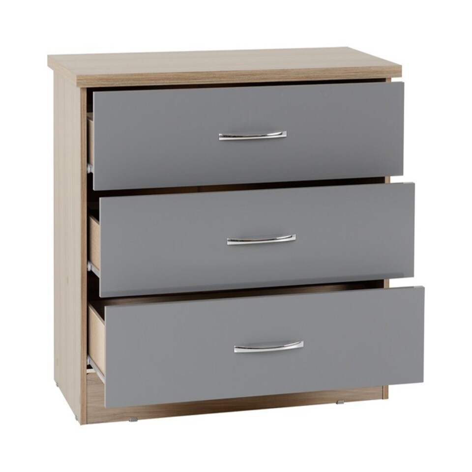 image 1 of Nevada 3 Drawer Chest - L40 x W81 x H70.5 cm - Grey Gloss/Light Oak Effect Veneer