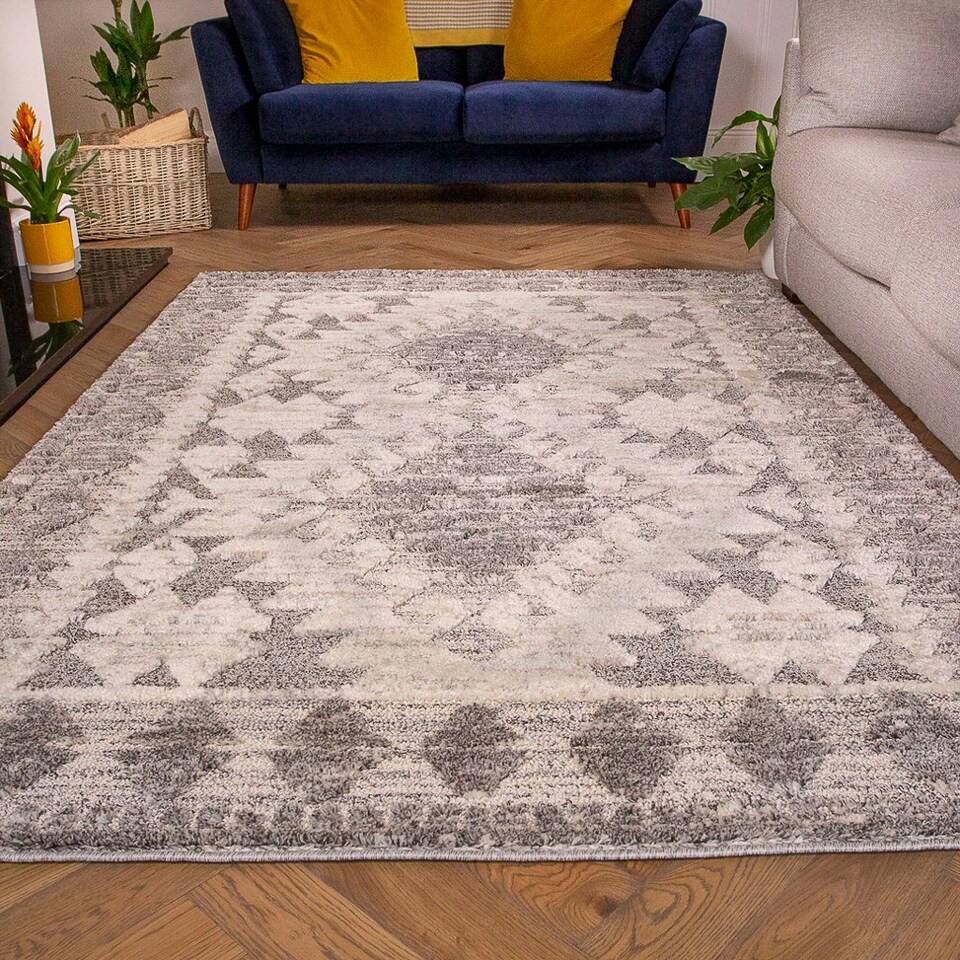 image 1 of KUKOON Grey Cream Geometric Loop Pile Living Room Area Rug 160cm x 230cm Grey