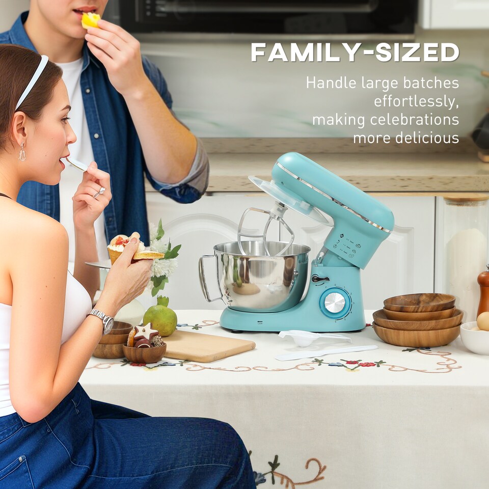 image 1 of HOMCOM Stand Mixer, 4.5L Food Mixer for Baking, 6 Speeds and Pulse Setting, 1300W Cake Electric Whisk with Dough Hook, Whisk, Stainless Steel Bowl, Splash Guard, Beater, Blue