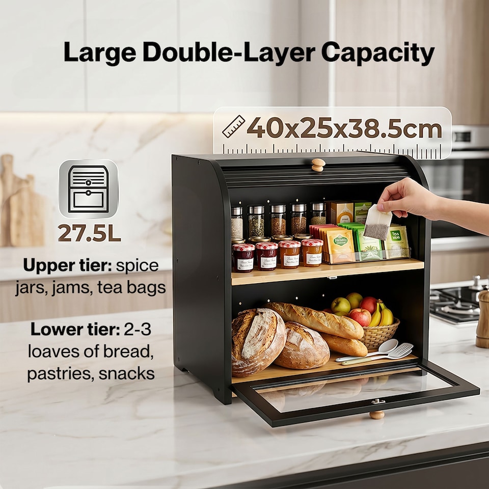 image 1 of Toque Bread Box 2-Tier Large Capacity Roll Top Black Bamboo Acrylic Door