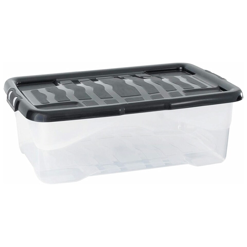 image 1 of 3 x 24 Litre Clear Transparent Base Stackable Curve Plastic Storage Boxes With Black Lids Clear