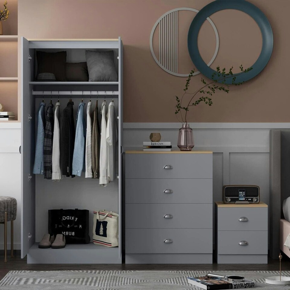 image 1 of FWStyle Esher 3 Piece Bedroom Furniture Set Matt Grey Oak Top