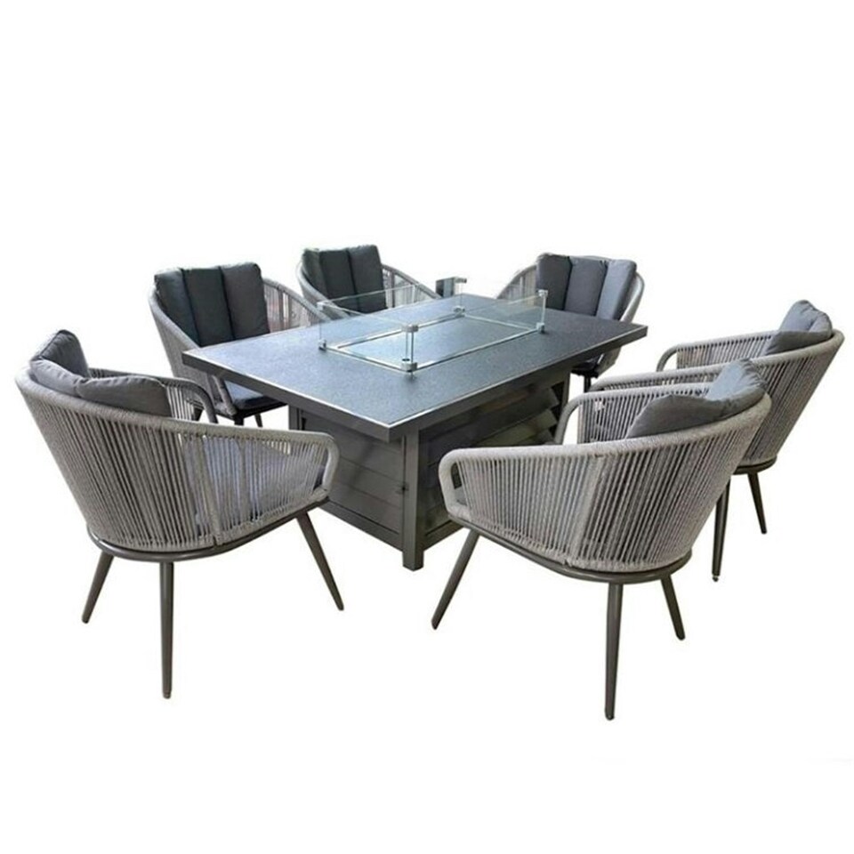 image 1 of 6 Seater Outdoor Firepit Garden Furniture Set With 6 Rope Style Chairs Including Cushions