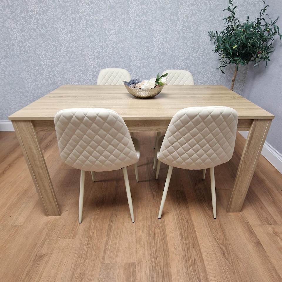 image 1 of Oak Effect Wood Dining Table with 4 Cream Gem Pattern Faux Leather Chairs