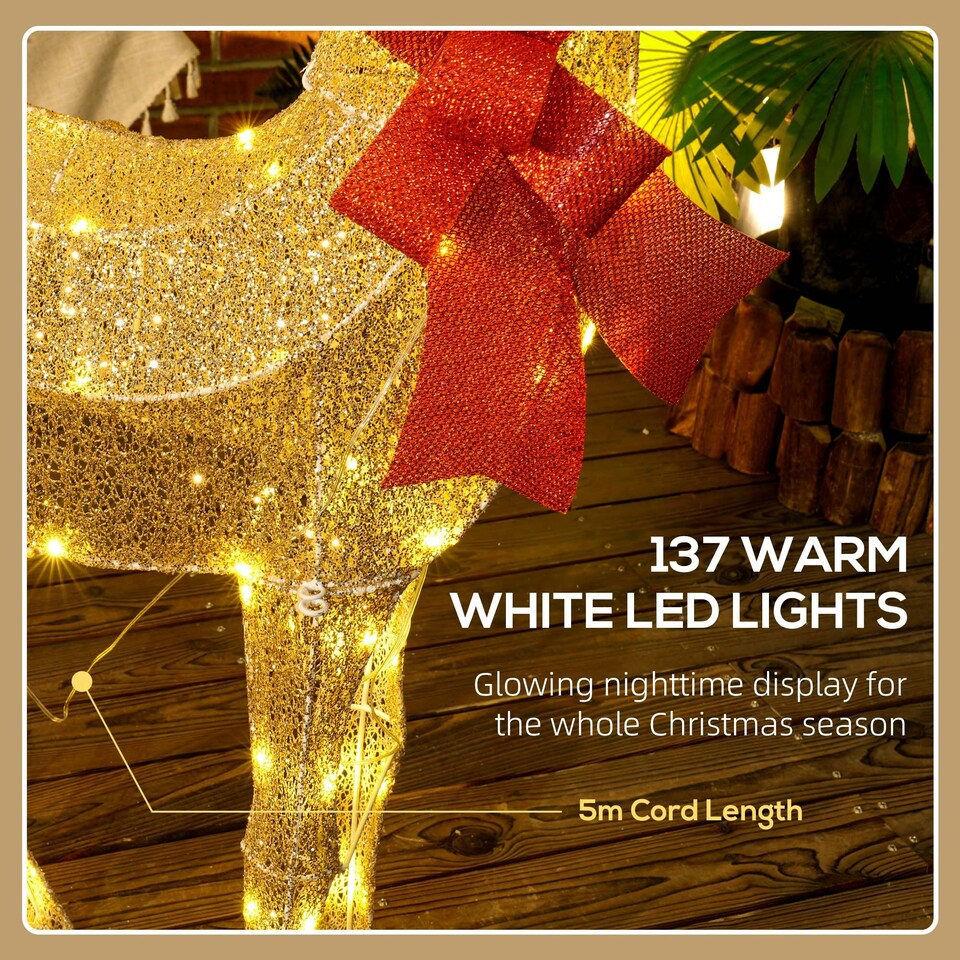 image 1 of Outsunny Lighted Reindeer Christmas Decoration w/ Stakes Zip Ties Gold Tone