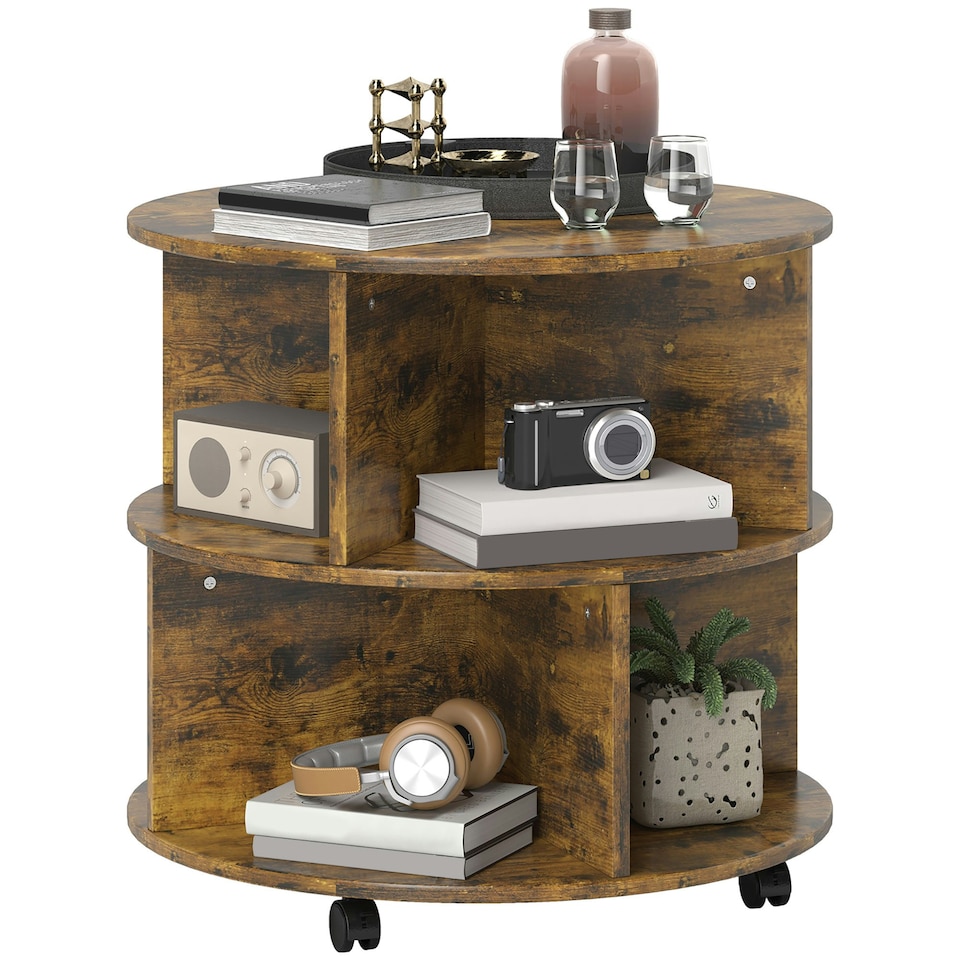 image 1 of 2 Tier Round Coffee Tea Table End Side Desk Sector Divider Shelves Storage Brown