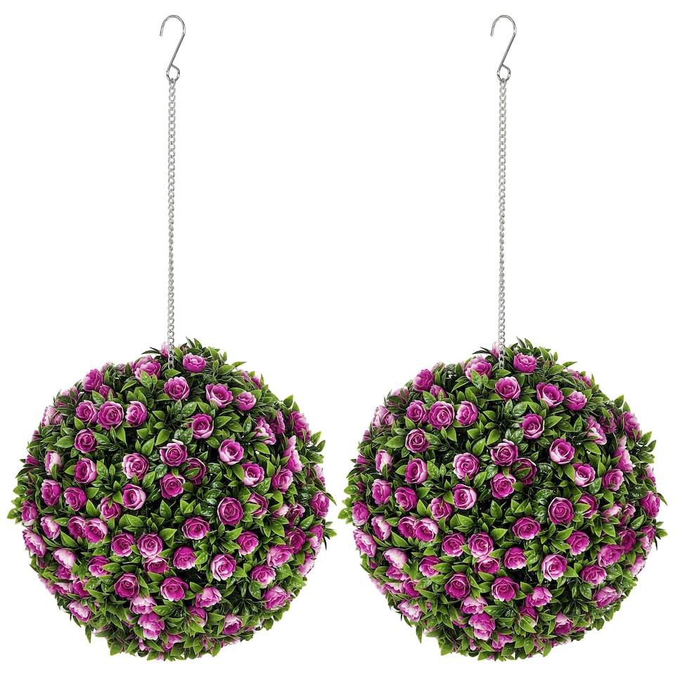 image 1 of HOMCOM Set of 2 Decorative Artificial Plants, UV-protected Artificial Plant Topiary Rose Balls, Fake Plants for Home Indoor outdoor Decor, 28cm, Purple
