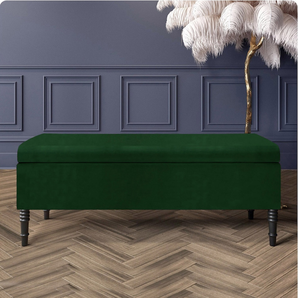 image 1 of Paris Plain 137cm Ottoman Storage Bench - Plush Velvet Shoe Bench - Forest Green Upholstery Footstool with Storage