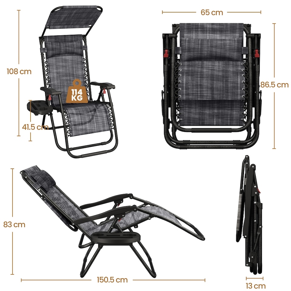 image 1 of Yaheetech 2-Piece Zero Gravity Chairs with Sunshade & Side Tray-Grey | Grey | Grey | One Size