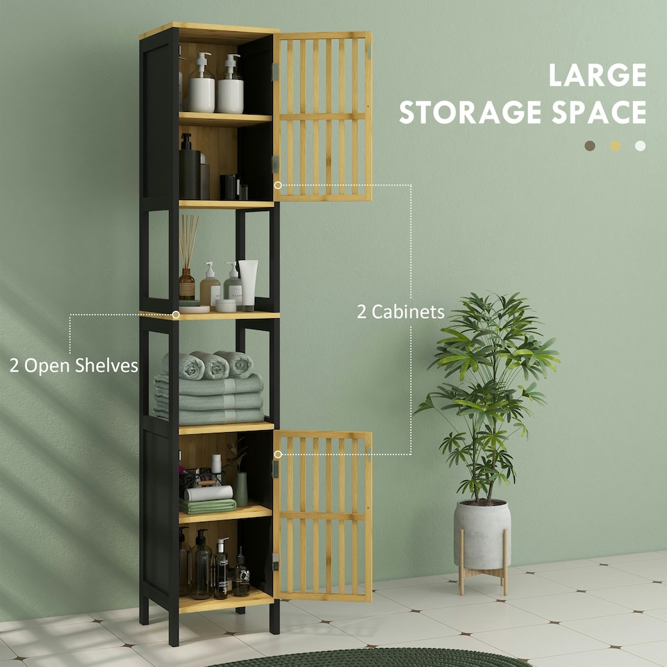 image 1 of HOMCOM Tall Bathroom Cabinet Bamboo Cupboard with Adjustable Shelves, Black