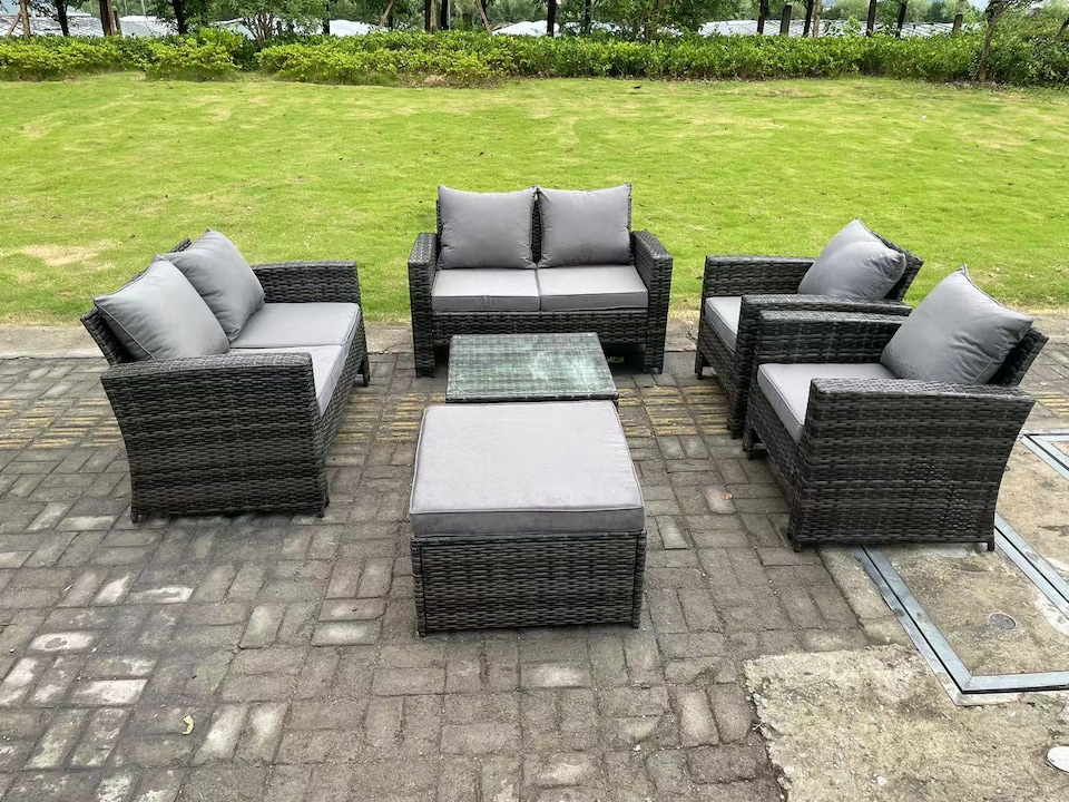 image 1 of Fimous 7 Seater Dark Grey Mixed High Back Rattan Sofa Set Square Coffee Table Garden Furniture 2 Seater Sofa Chairs Outdoor Patio