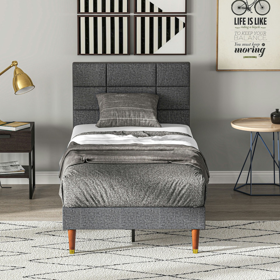 image 1 of HOMCOM 3ft Upholstered Single Bed Frame w/ Wooden Slat No Box Spring Needed