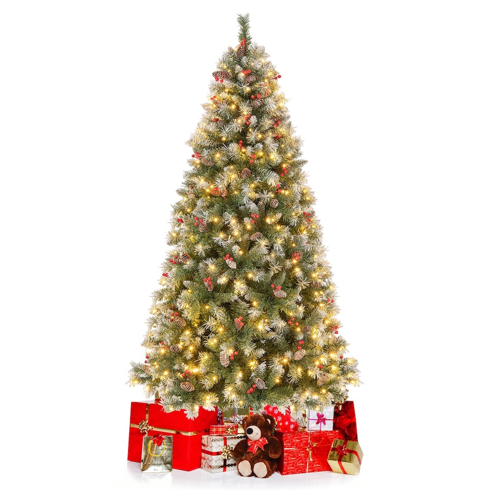 image 1 of COSTWAY 6.5FT Pre-lit Christmas Tree Artificial Hinged Xmas Tree with 909 Branch Tips