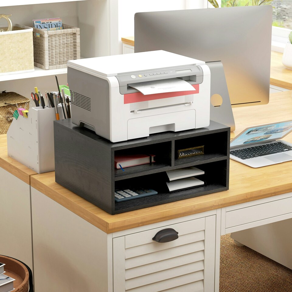 image 1 of HOMCOM Desktop Printer Stand with 3 Open Compartments, Desk Organiser, Black