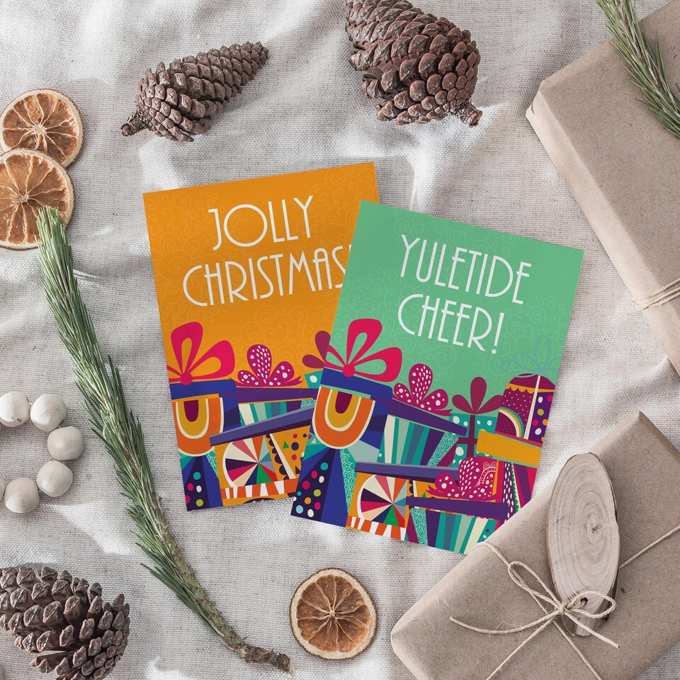 image 1 of Christmas Cards Set of 8 - A6 Size - Festive Greetings Colourful Presents