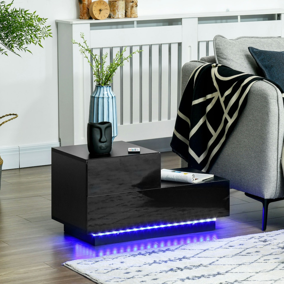 image 1 of HOMCOM High Gloss Front Bedside Table Nightstand with LED Light Remote Black