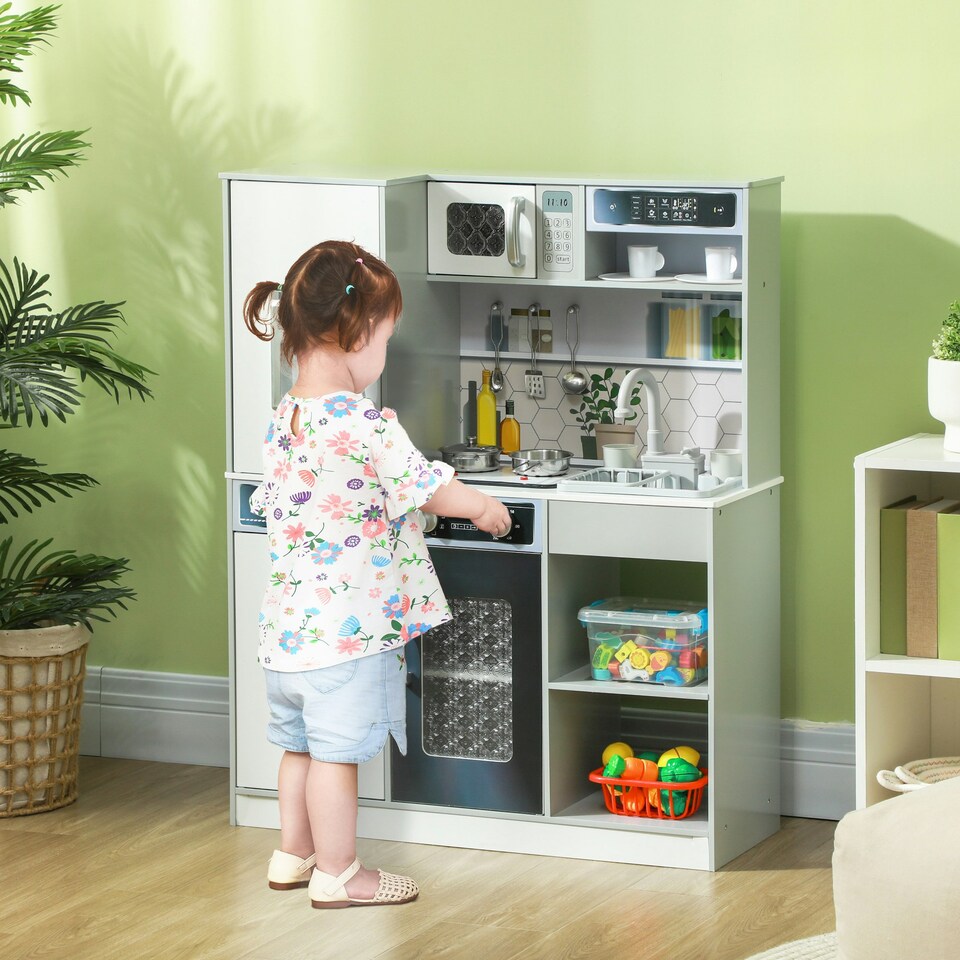 image 1 of AIYAPLAY Play Kitchen, Pretend Toy Kitchen w/ Sounds, Lights, Microwave