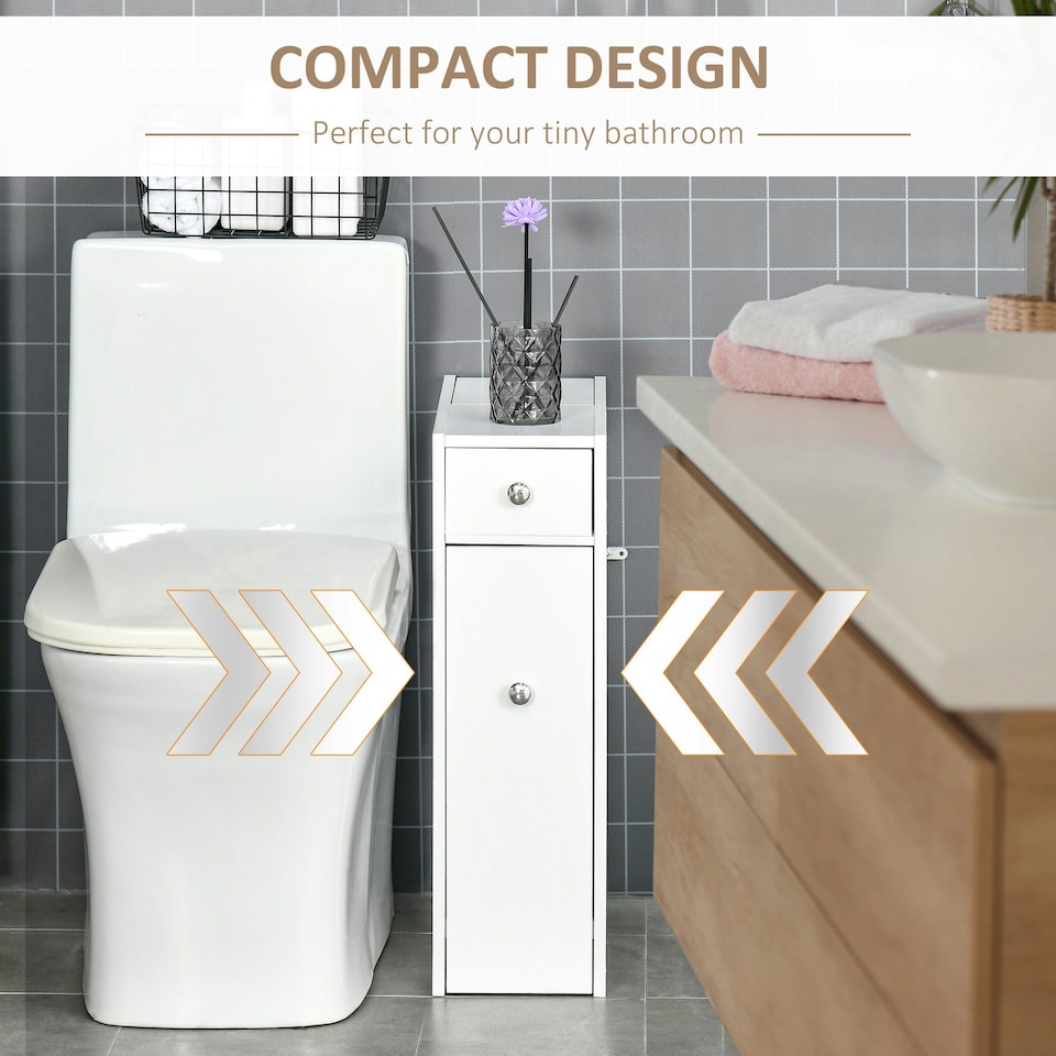 image 1 of HOMCOM Slim Floor Cabinet Narrow Wooden Storage with Drawers Bathroom White