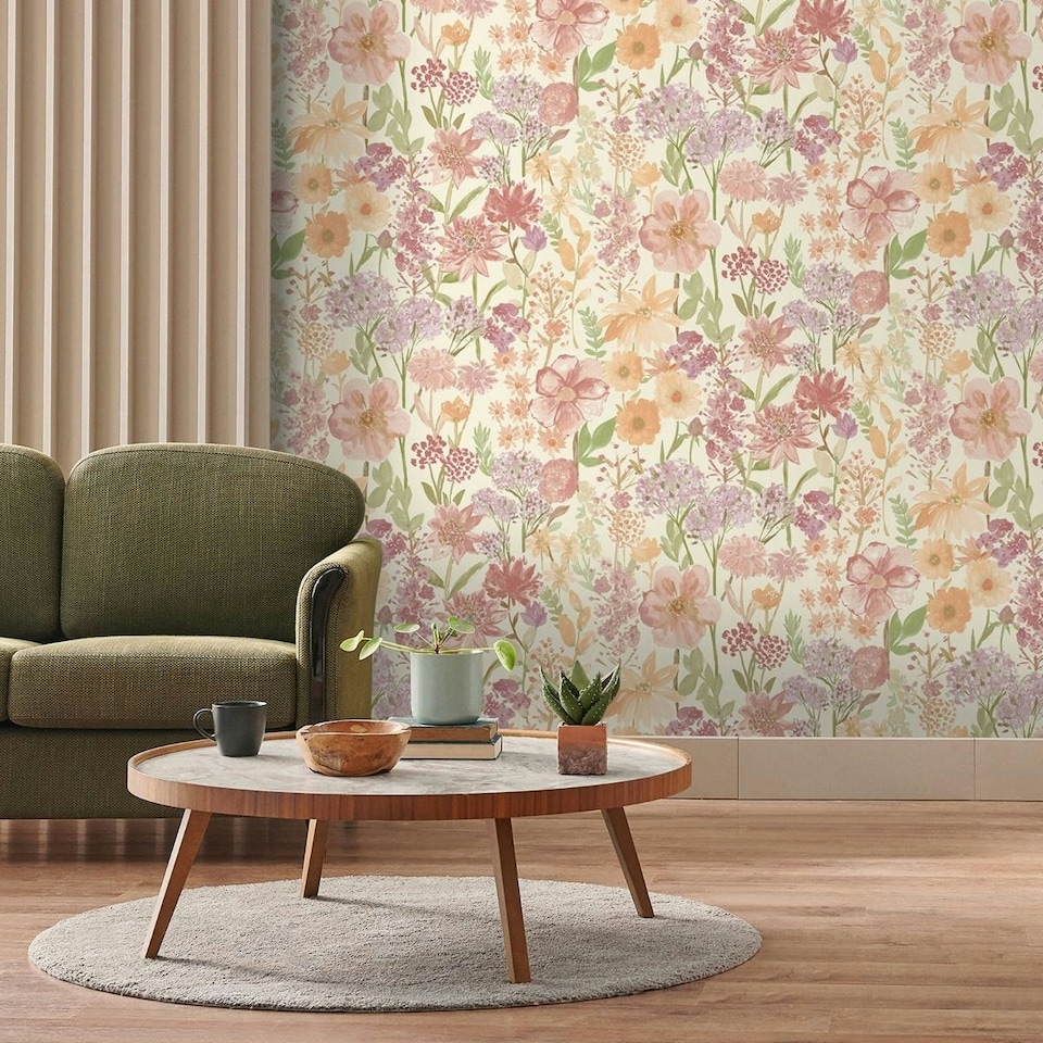 image 1 of Grandeco Wild Flowers Wallpaper - Cream/Pink - 10m x 53cm Cream
