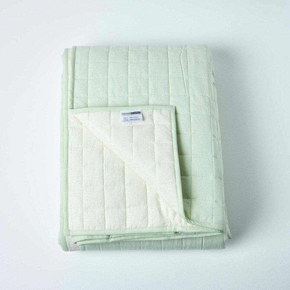 image 1 of Homescapes Cotton Quilted Reversible Bedspread Sage Green and Cream - 150 x 200 cm Green