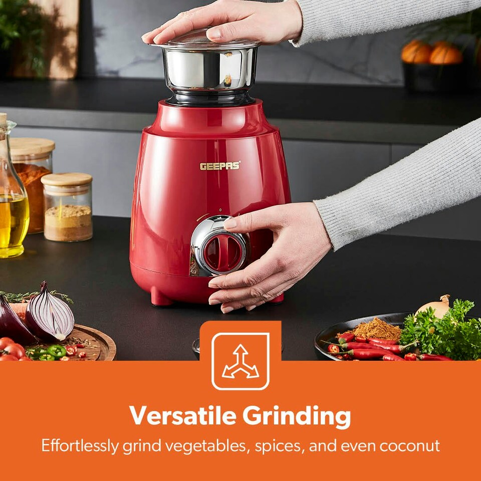 image 1 of GEEPAS 600W 3-in-1 Mixer Grinder | Stainless Steel Jars, Blades Red