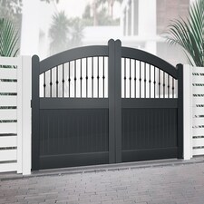 Double Swing Gate 4500x1800mm Black - Vertical Solid Infill, Bell-Curved Top Black