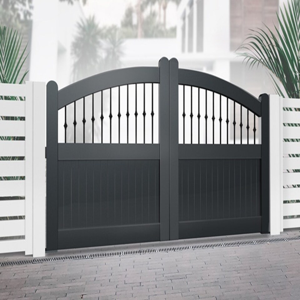 image 1 of Double Swing Gate 4500x1800mm Black - Vertical Solid Infill, Bell-Curved Top Black
