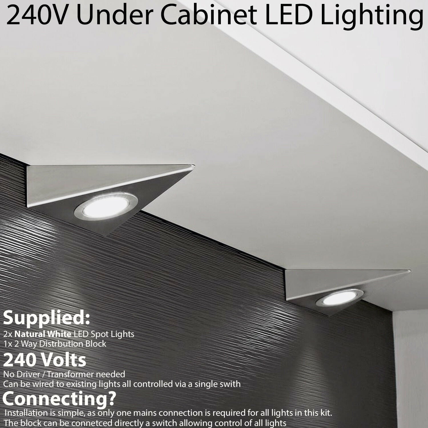 Loops 2x BRUSHED NICKEL Triangle Surface Under Cabinet Kitchen Light Kit - 240V Mains Powered - Natural White LED in Metallics