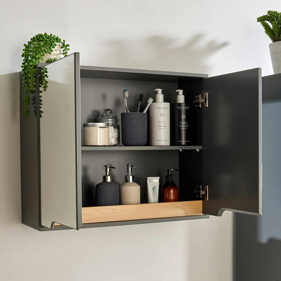 image 1 of Bathroom Cabinet Wall Mounted Mirrored Vanity Storage Organiser Grey