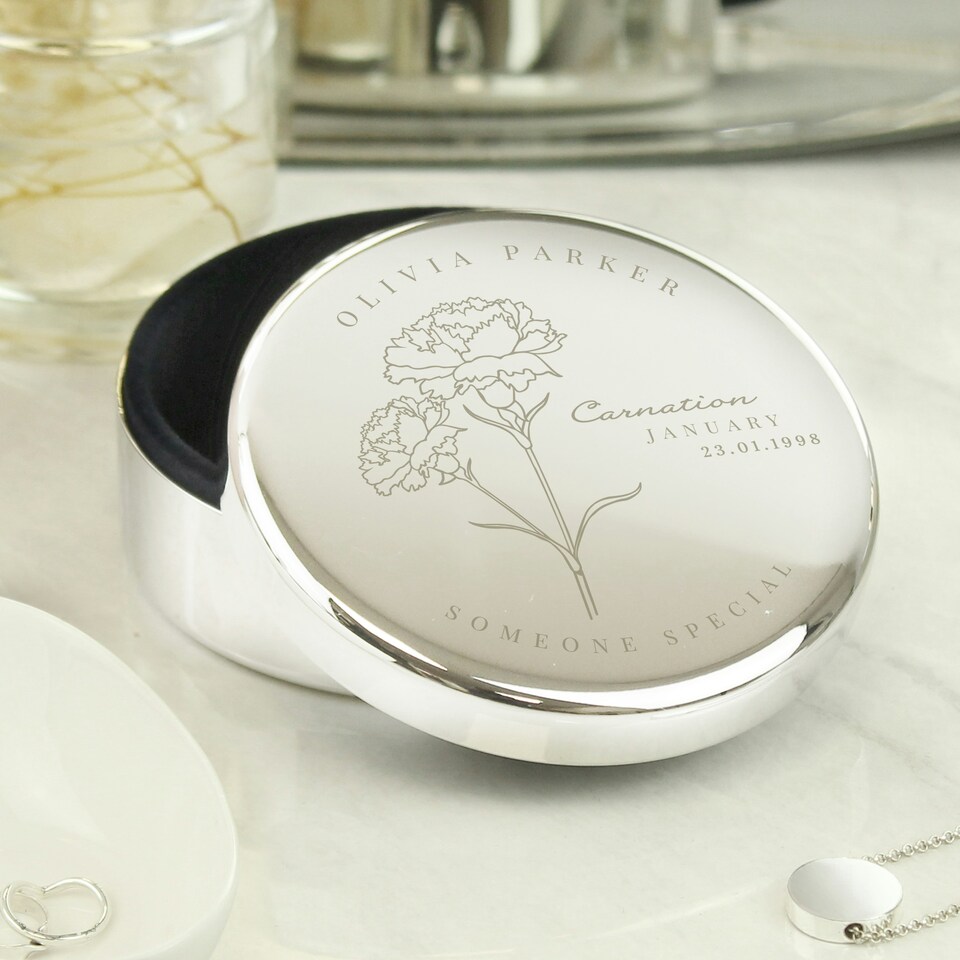 image 1 of Personalised January Birth Flower Round Trinket Box