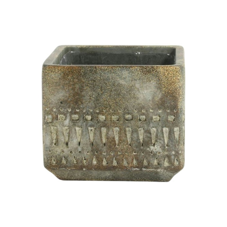 image 1 of Cement Tribal Inspired Cube Plant Pot - H10.5cm