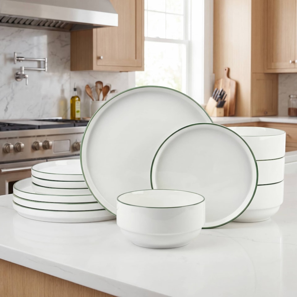 image 1 of 12pc Stackable Green Dinner Set