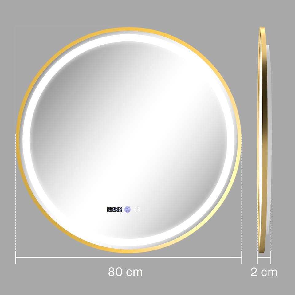 image 1 of HOMCOM 800mm Round Bathroom Mirror with LED Lights, Wall Mounted Backlit Illuminated Bathroom Mirror with Demister, 3 Colours Dimmable, Memory Function, Touch Switch, Time and Temp Display, Gold Tone