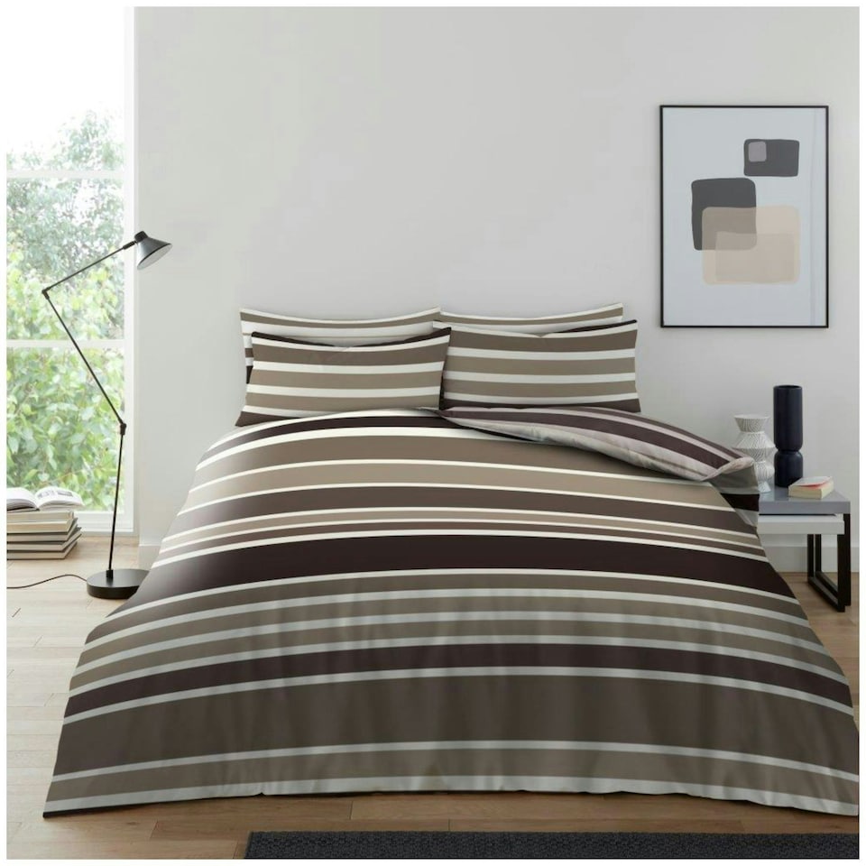 image 1 of VELVETIO Burford Stripe Complete Duvet Cover Set with Fitted Sheet Breathable Bedding Quilt Brown | Natural | King