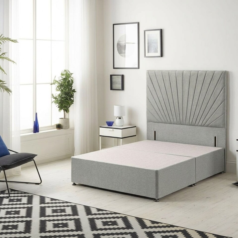 image 1 of Sunburst Divan Bed with 54'' Floor Standing Headboard Tweed Fabric | Grey | Grey