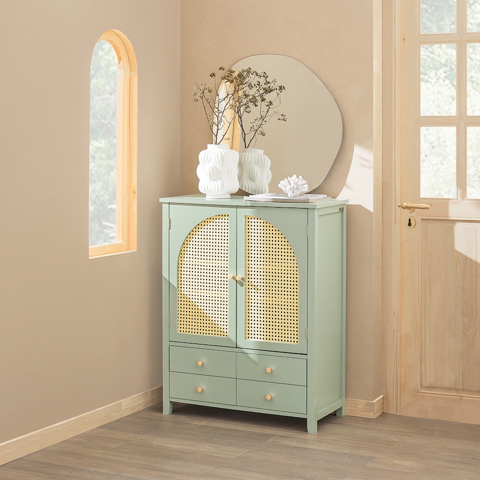 image 1 of SoBuy Sideboard Storage Cabinet with 4 Drawers & 2 Rattan Doors, Green, 27.6x13.4x35.4 inches, 26.6 kg - FSB72-GR