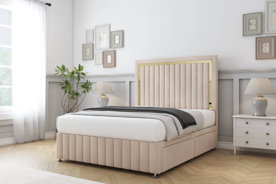 image 1 of Sloomy Boston Gold Sand Naples Divan Bed With Mattress 2 Drawers Footend With 26" Strutted Headboard & 12" Matching Footboard 6' Super King | Cream | Sand | Super King | 1