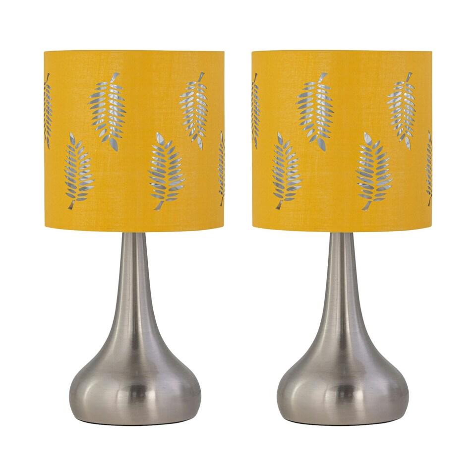 image 1 of Set of 2 Romana - Brushed Chrome Touch Operated Table Lamps Bedside Lights Ochre Fern Shade Silver | Yellow