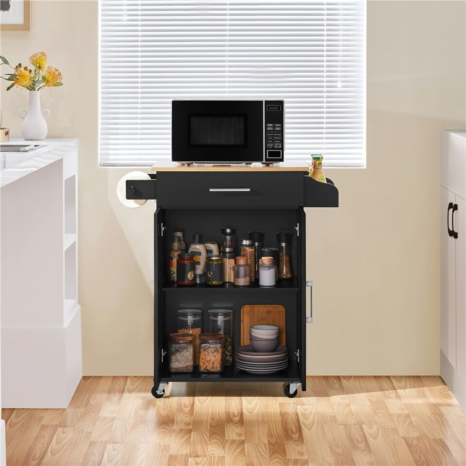 image 1 of Yaheetech Kitchen Island Cart with Spice Rack Storage Black