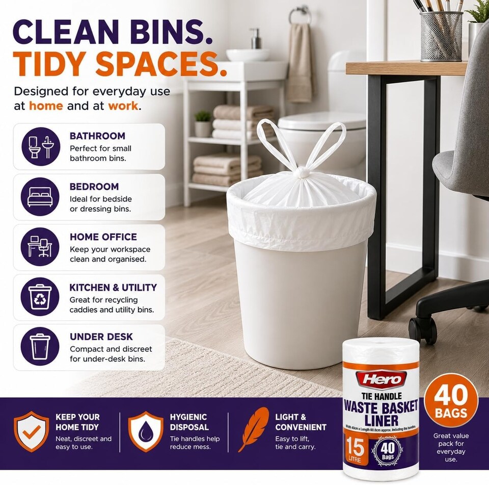 image 1 of Hero 15L White Tie Handle Bin Liners - Pack of 40 Small Waste Basket Bags for Bathroom, Bedroom, Office & Utility Bins
