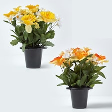Homescapes Set of 2 Yellow & Orange Narcissus & Daisy Artificial Flowers in Grave Vases